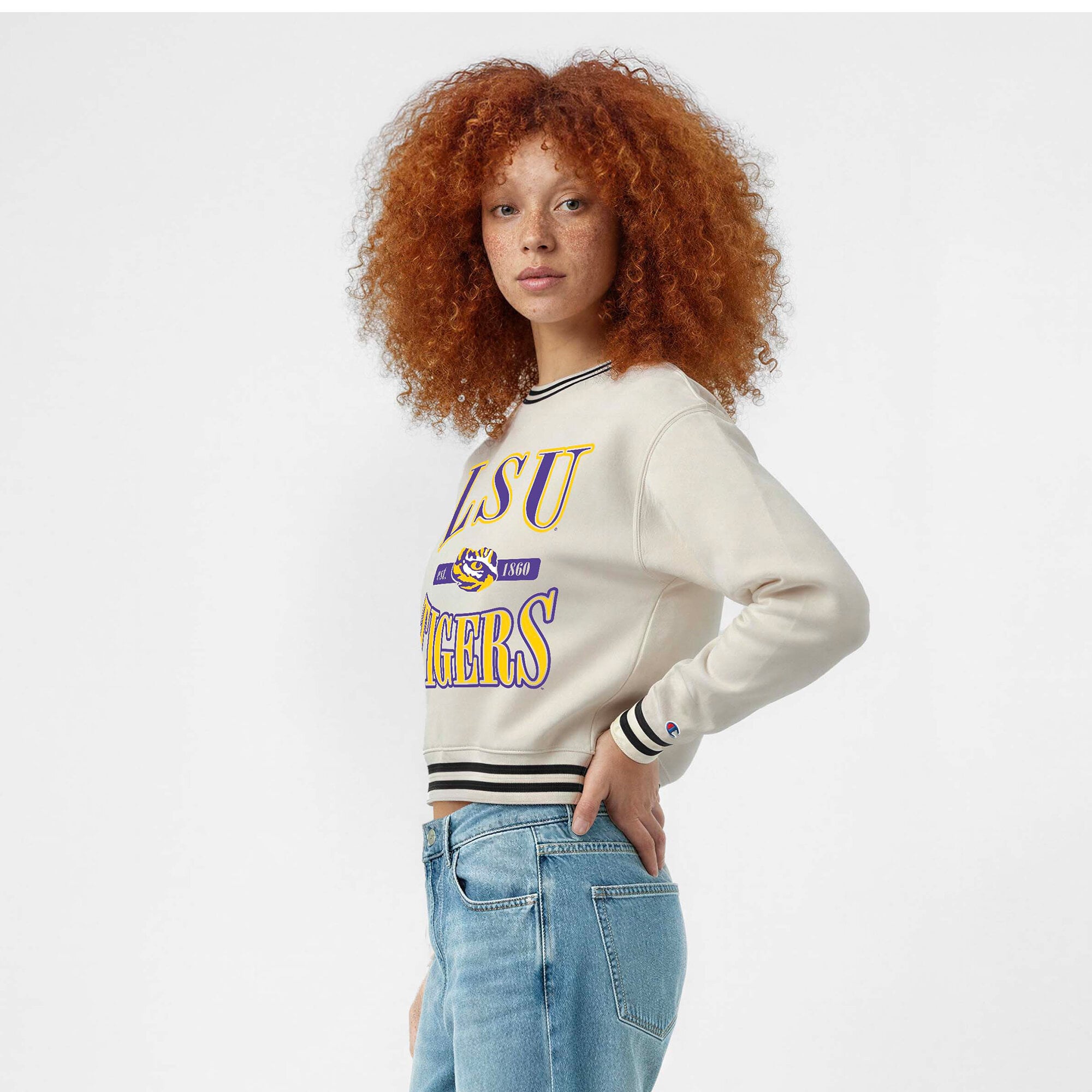 Women's Champion  White LSU Tigers Yarn Dye Rib Reverse Weave Crew Sweatshirt